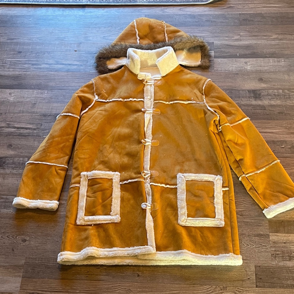 Men's Brown Hooded Military Jacket with Faux Fur